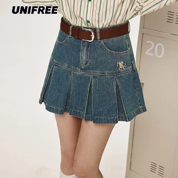 Джинсовая юбка UNIFREE в американском стиле ретро, новая летняя женская юбка 2023 года, Тонкая Сексуальная уличная одежда, мини-юбка в складку