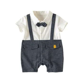 Маленький джентльмен Одежда для новорожденных мальчиков с коротким рукавом, комбинезон для мальчиков, комбинезон с галстуком-бабочкой, Летняя одежда для маленьких мальчиков