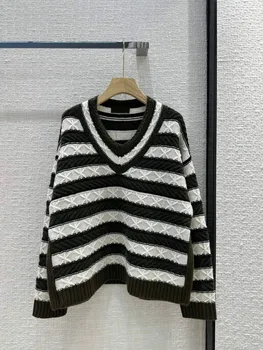 Высококачественный 100% Кашемировый свитер 2023, Осенне-зимний женский Пуловер в полоску с V-образным вырезом и длинным рукавом, Повседневный Свободный трикотаж