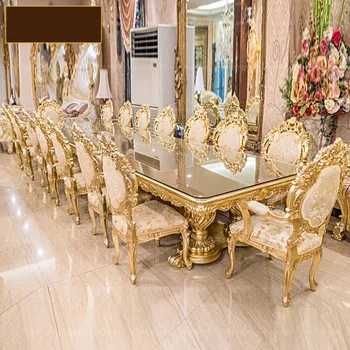 Вилла на заказ, обеденный стол и стул из массива дерева, сочетание Европейской золотой фольги, Роскошный Резной дворец