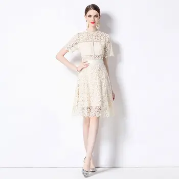 Летнее кружевное платье для подиума, вязаное крючком, с вырезами, женское платье-стойка с коротким рукавом и цветочной вышивкой, Мини-вечеринка Vestidos M336