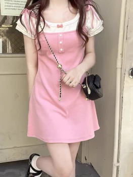 Милое Кавайное Розовое платье, женское Поддельное Лоскутное платье из двух частей, Сексуальные тонкие Мини-платья с коротким рукавом, Корейский модный сарафан, Новинка 2023 года