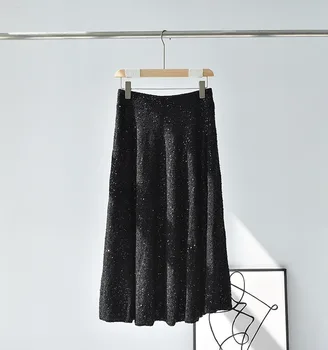 naizaiga Модный костюм, юбка, женский черный льняной вязаный жилет с блестками, V-образный вырез, длинный рукав, высокая талия, женская черная юбка PRFS378