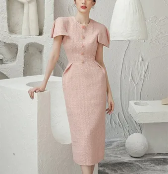 Элегантное Весенне-летнее Облегающее платье Миди из розового твида, женское платье с круглым вырезом и коротким рукавом, расшитое бисером, Шерстяное платье в клетку, Женское праздничное платье в клетку