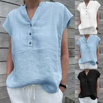 2023 Модная женская повседневная летняя блузка с коротким рукавом, однотонная женская футболка с V-образным вырезом, Топы в стиле пэчворк, женская повседневная одежда