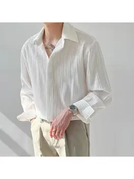 Текстурный топ, свободная повседневная рубашка в корейском стиле с длинными рукавами, мужская полосатая рубашка из нетканого материала, осенний однотонный