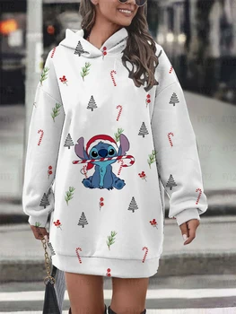 Весна Осень Рождество Уличная мода Disney Stitch Женский пуловер с круглым вырезом и принтом, платье с капюшоном, повседневная Свободная толстовка