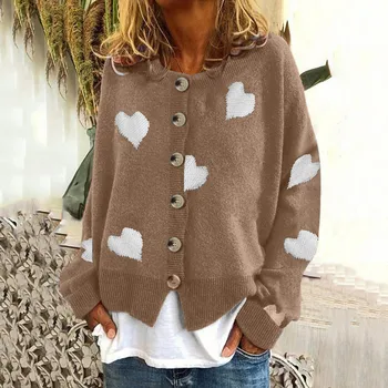 Женский вязаный свитер Свободного кроя, осенне-зимний джемпер, кардиган с принтом в виде сердца, плотный повседневный теплый укороченный свитер, пальто на пуговицах