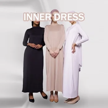 Однотонная внутренняя Кебайя, длинный рукав, Мягкое и удобное мусульманское платье, халат со средним воротником, Абайя, женский Исламский кафтан больших размеров.