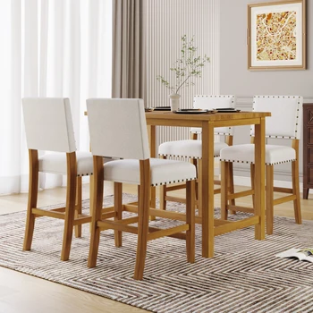 Обеденный стол в деревенском стиле высотой с столешницу из 5 предметов с 4 мягкими стульями для небольших помещений