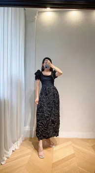 Роскошное дизайнерское женское осеннее Черное платье Миди с короткими рукавами и квадратным воротником 2023, женская винтажная мода для подиума