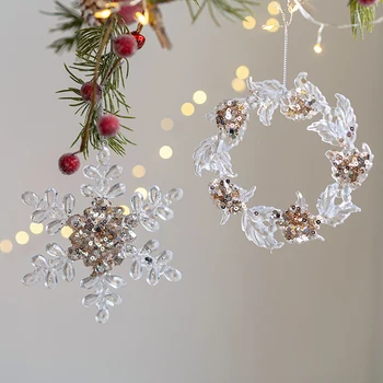 Рождественские липкие блестки, хлопья снежинок, рождественские украшения с оленями, Акриловые подвесные подвески, Рождественские декоративные подвески