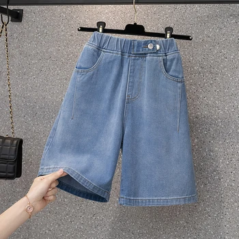 Джинсовые шорты с эластичной резинкой на талии большого размера, женские летние Новые свободные модные полуботинки, женские осенние однотонные универсальные джинсы