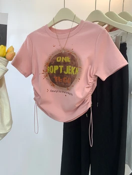 Модная женская футболка с буквенным принтом, футболки, топы 2023, Новая футболка Harujuku с коротким рукавом, Свободная женская одежда на шнурке
