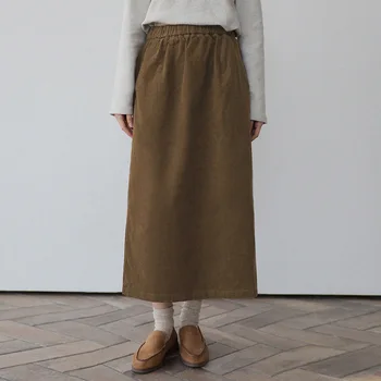 Женская юбка из 100% хлопка и вельвета, Вязаная Эластичная Длинная юбка в корейском стиле харадзюку с высокой талией и карманами, Осенне-зимняя одежда