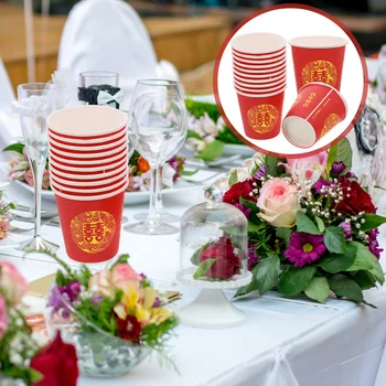 Красные стеклянные чашки для свадебной вечеринки с двойным счастьем, одноразовые Бумажные чашки для утолщения напитков в китайском стиле, Чайные чашки для банкета