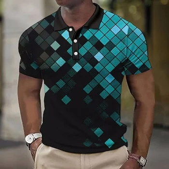 Летняя мужская рубашка поло 2023 года, рубашка поло с воротником на пуговицах, футболка с геометрическим принтом в клетку, уличная футболка с коротким рукавом