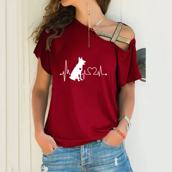 Смешные немецкие овчарки сердцебиение футболка с рисунком женщины нерегулярные футболка подарок топы животных косые шеи крест повязки футболка
