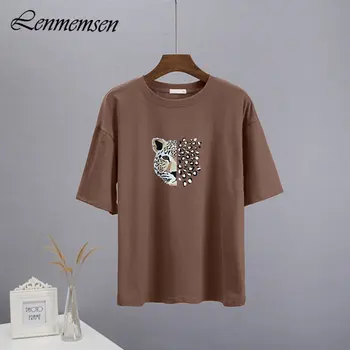 Lenmemsen, летние свободные хлопковые футболки для женщин 2023, футболки с леопардовым принтом, повседневные женские топы большого размера с коротким рукавом