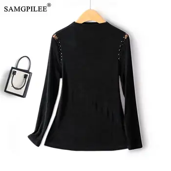 Модная женская блузка 2023, новая роскошная кружевная рубашка с бисером, высокоэластичная водолазка с длинным рукавом и высоким воротом, футболки оверсайз