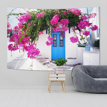 Популярные Гобелены с городскими пейзажами Греции, Весенними цветами и уличным принтом, покрывало для дивана, художественный Эстетичный Декор для дома