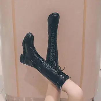 Обувь для женщин, черная обувь на среднем каблуке, зимние женские сапоги до колена с длинным голенищем и шнурками, на шнуровке по акции New Rock Pu