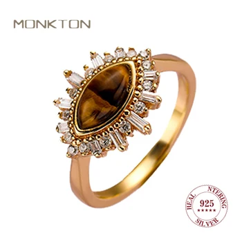 Кольцо Monkton из стерлингового серебра 925 пробы с камнем Тигровый глаз для женщин, 18-Каратное позолоченное кольцо с блестящим кубическим цирконием, ретро роскошь для женщин