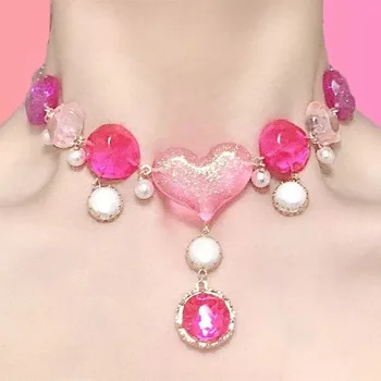 Harajuku Сияющее Розовое ожерелье с подвеской в виде сердца любви для женщин, Милое Винтажное Романтическое Колье из жемчужных бусин Y2k, ювелирные аксессуары