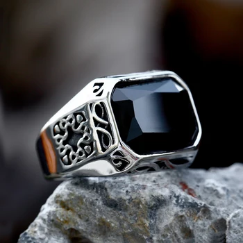 Новый дизайн, винтажное кольцо из нержавеющей стали прямоугольной формы с черным камнем, кольца с резьбой в стиле панк, модные ювелирные изделия, прямая поставка