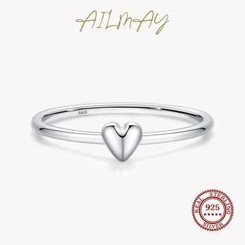 Ailmay Подлинное Серебро 925 Пробы Простое модное кольцо с гладким сердечком на палец для женщин, Наращиваемый минималистичный ювелирный подарок для вечеринки