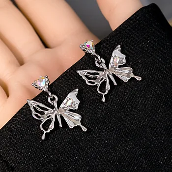 Серьги-сердца из хрусталя с бабочками, металлические винтажные украшения для женщин