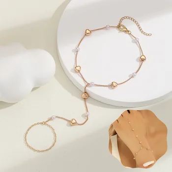 Креативный браслет-цепочка с жемчугом в виде сердца, кольца для пальцев для женщин, золотые цепочки, соединяющие браслеты для рук, ювелирные изделия