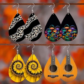 Очень Милые Серьги-капли для укулеле-гитары с леопардовым рисунком Подсолнуха и грибов, маленькие деревянные украшения на крючках для женщин, подарки