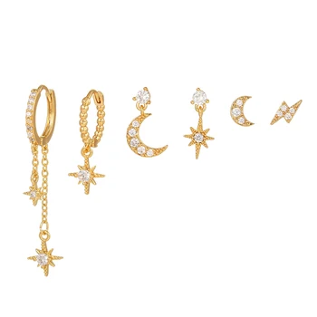 Изысканный набор сережек-цепочек с белым цирконом в виде звезды и Луны, серьги-цепочки с пирсингом золотого цвета, 2023, Модные украшения Оптом