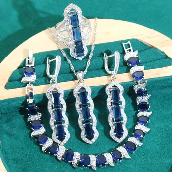 Наборы ювелирных изделий из серебра 925 пробы с синим цирконием Для женщин Свадебные Длинные Серьги Ожерелье Кулон Кольцо Браслет Подарки для праздничных свиданий