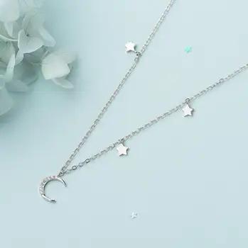 Аутентичное ожерелье из стерлингового серебра 925 пробы с подвеской в виде белой Луны и звезды для женщин, ожерелья-цепочки, ювелирные изделия из серебра 925 пробы SCN420