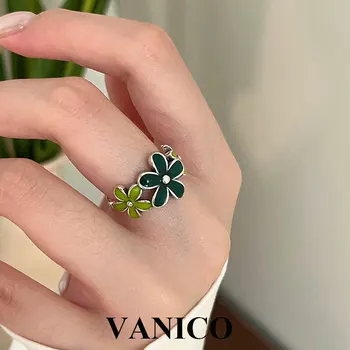 Милое кольцо с цветком из зеленой эмали, серебро 925 пробы, Модное Элегантное простое красочное кольцо с цветком маргаритки, регулируемое Открытое кольцо для женщин