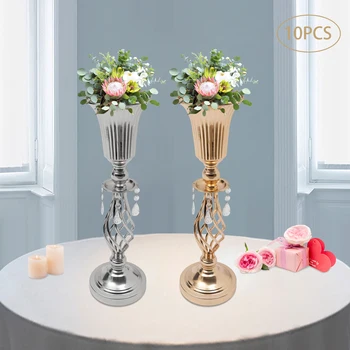 Набор из 10 высоких металлических свадебных украшений для столов для приемов, золотая/ Серебряная подставка для вазы для цветов, декор для вечеринок