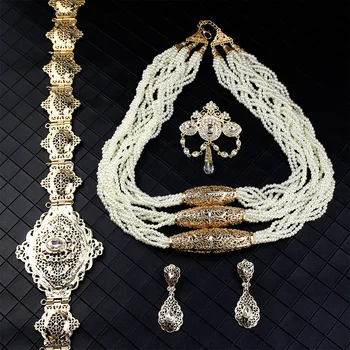 Neovisson Золотого цвета, Марокканские Роскошные Ювелирные наборы для женщин, Ожерелье из бисера, Брошь, Висячие серьги, Металлический пояс, свадебные украшения
