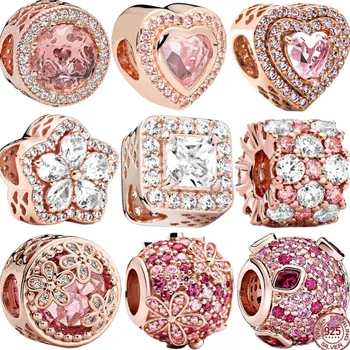 Серия розового золота, сверкающий цветок в форме сердца, серебро 925 пробы, оригинальный браслет, бусина-шарм, ювелирные изделия своими руками