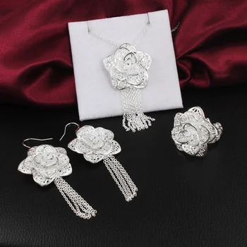 серебро 925 пробы, свадебное ретро-женское ожерелье 45 см 18 дюймов, серьги, открытое кольцо, модный набор ювелирных украшений, Рождественский подарок