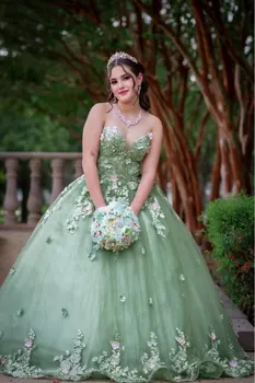 Angelsbridep Шалфей Зеленое Бальное Платье Пышные Платья С Бусинами Милая 3D Цветочная Принцесса Танцевальная Вечеринка Vestidos De Quinceanera