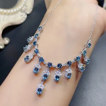 MeiBaPJ Роскошный голубой натуральный топаз, модное ожерелье с подвеской из чистого серебра 925 пробы, изысканные свадебные украшения для женщин