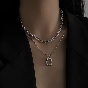 Модное многослойное цепное ожерелье 2023, Хип-хоп Геометрические длинные квадратные ожерелья с подвесками для женщин, Цепочки на ключицы, Ювелирный подарок