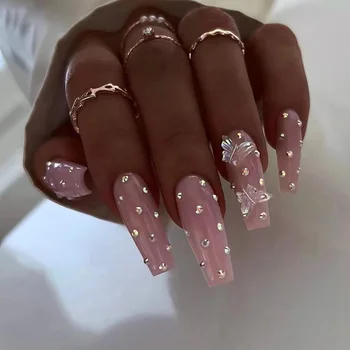 24 шт балетные розовые накладные ногти кристалл алмаза накладные ногти бабочка длинный сверлильный станок для ногтей накладные ногти бесплатная доставка