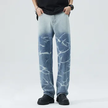 Ниша для Хай-стрит в американском ретро стиле 2023 года, Свободные Широкие брюки в стиле хип-хоп, синие прямые джинсы с уличной стиркой, мужские