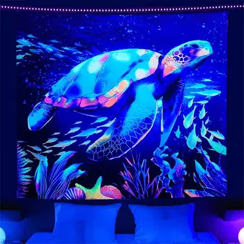 Гобелен с морской черепахой Blacklight, гобелены, реагирующие на ультрафиолетовое излучение, светящиеся в темноте, гобелены, плакаты с черным светом, эстетика, настенный декор для вечеринок