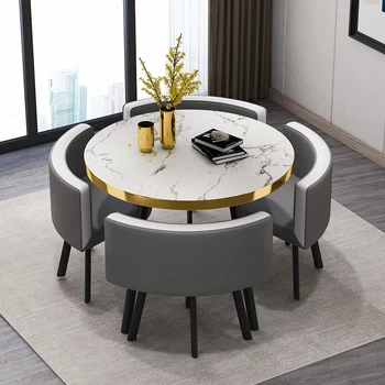Набор круглых обеденных столов из мрамора, 4 стула, Современный центральный стол, Роскошные Белые Мублес для квартиры El Hogar Мебель GPF26XP
