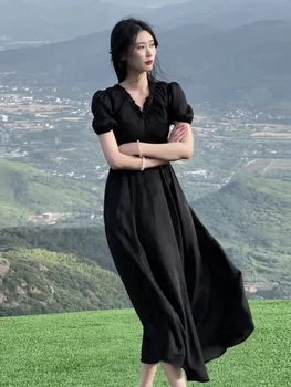 Черное платье, высокое качество, удлиненный фасон, приталенный крой, легкая зрелость, Французский стиль Хепберн, детское летнее платье