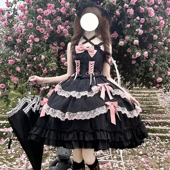Милое платье Лолиты в японском стиле для девочек Soft Princess Cute JSK без рукавов с бантом и оборками Вечерние платья с кружевным ремешком Vestidos